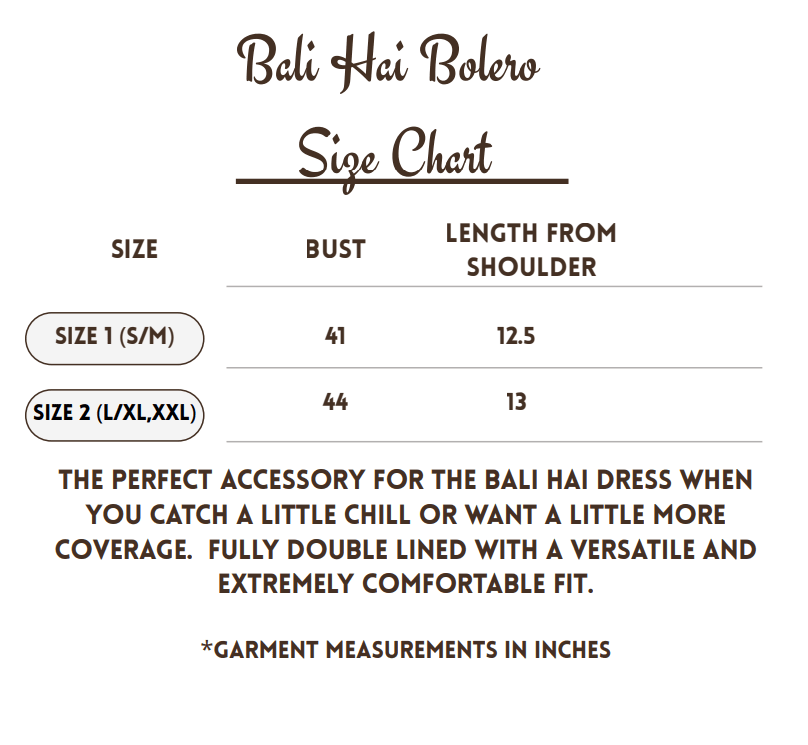 Bali Hai Bolero size chart with measurements for vintage-inspired clothing