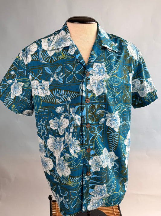 Jungle Cove Aloha Shirt- The Royal Orchid Collection- Lagoon - Lorelei's Vintage