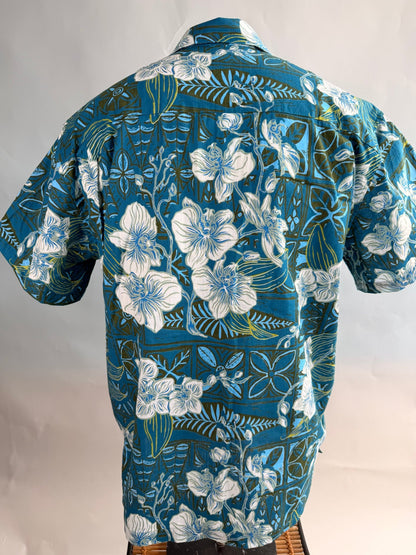 Jungle Cove Aloha Shirt- The Royal Orchid Collection- Lagoon - Lorelei's Vintage